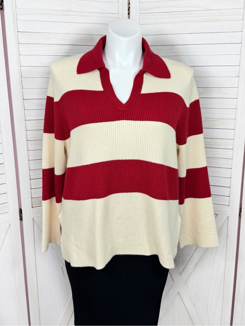 A New Day Rugby Stripe Polo Collar Oversized Sweater Cream Red Large Preppy